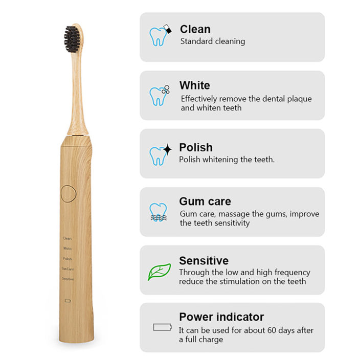 Custom Logo Toothbrush Bamboo Sonic Electric Toothbrush With Replaceable Bamboo Toothbrush Head for Adults - Image 4