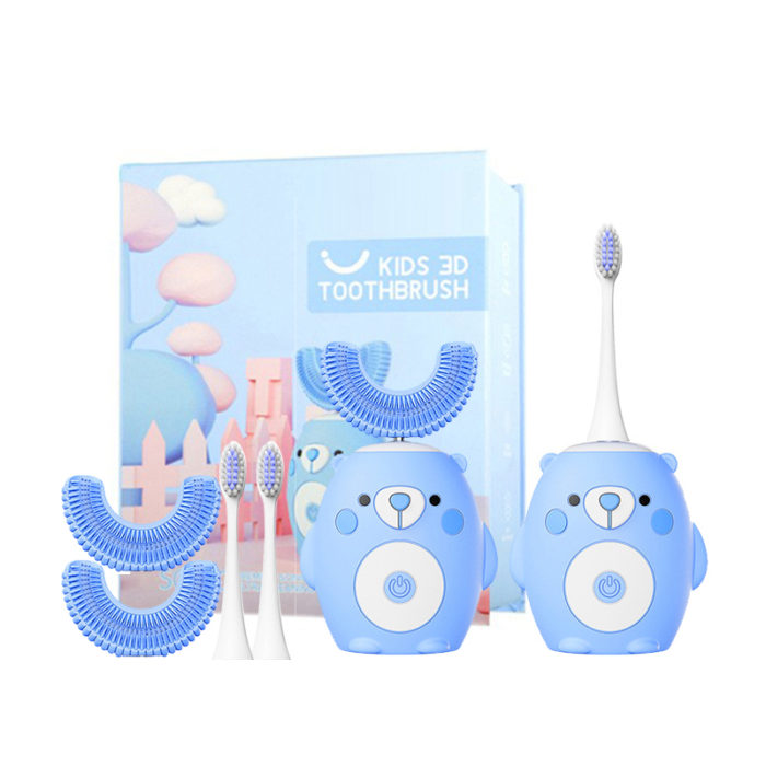 LULA Wholesale Kids Electric Toothbrush Ultrasonic Cartoon Bear U Shaped Toothbrush with 4 Brush Heads