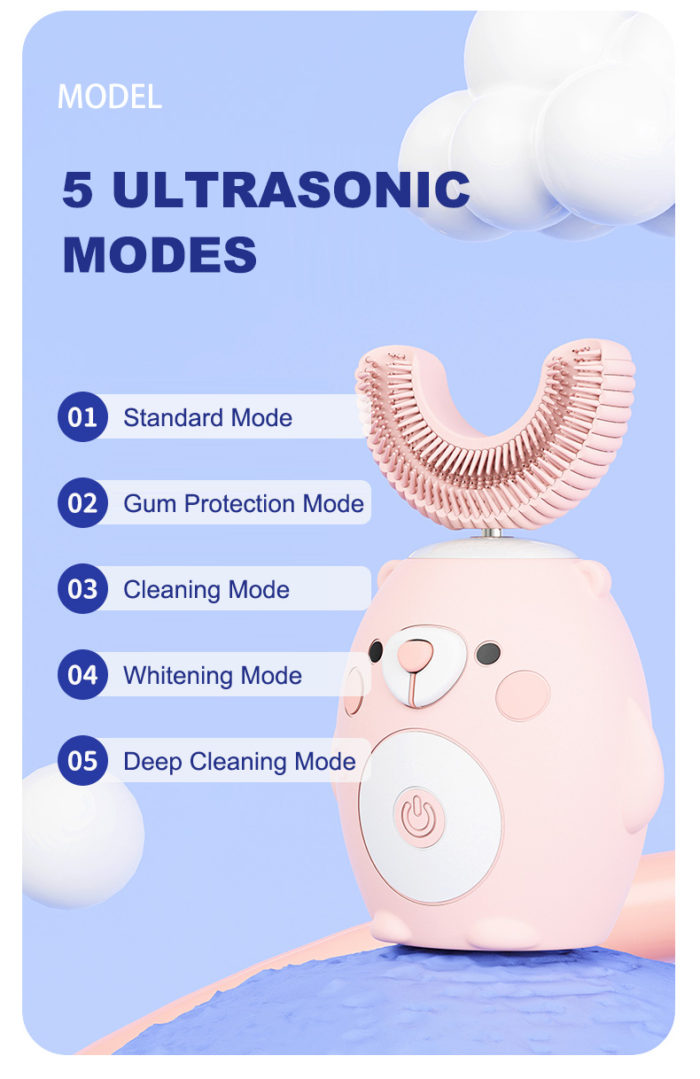 LULA Wholesale Kids Electric Toothbrush Ultrasonic Cartoon Bear U Shaped Toothbrush with 4 Brush Heads - Image 2