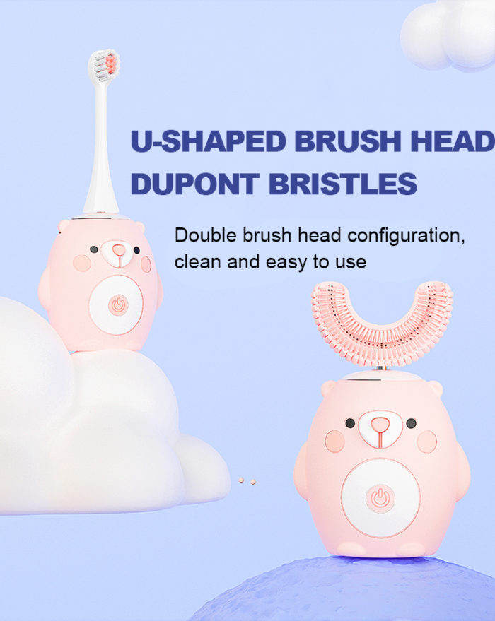 LULA Wholesale Kids Electric Toothbrush Ultrasonic Cartoon Bear U Shaped Toothbrush with 4 Brush Heads - Image 4