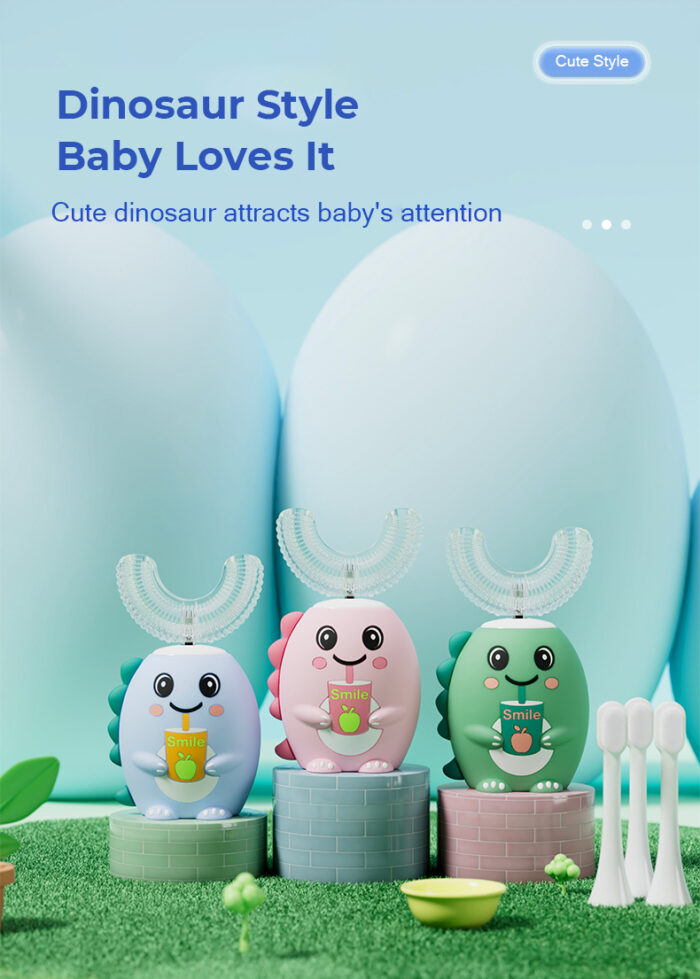 NEW Kids U Shaped Electric Toothbrush with 4 Brush Heads Sonic Toothbrush Kids with 5 Modes Cartoon Dinosaur 360-Degree Cleaning - Image 3