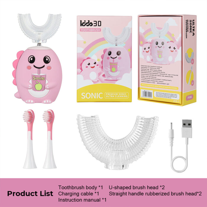 NEW Kids U Shaped Electric Toothbrush with 4 Brush Heads Sonic Toothbrush Kids with 5 Modes Cartoon Dinosaur 360-Degree Cleaning